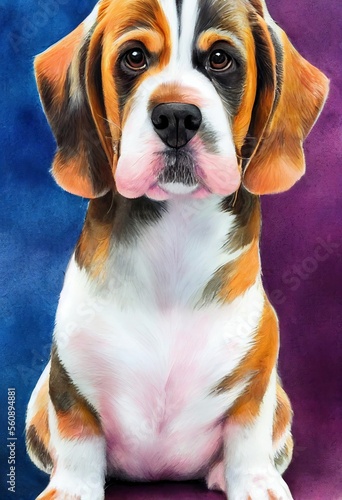 Funny adorable portrait headshot of cute doggy. Petits Bassets Griffons Vendeen dog breed puppy, standing facing front. Looking towards camera. Watercolor imitation illustration. AI generated vertical photo