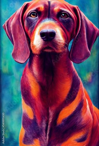 Funny adorable portrait headshot of cute doggy. Redbone Coonhound dog breed puppy, standing facing front. Looking to camera. Watercolor imitation illustration. AI generated vertical artistic poster. photo