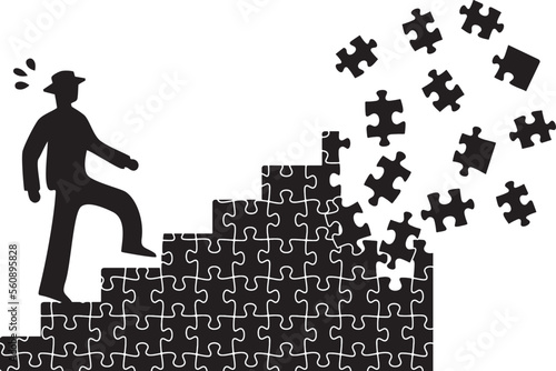 階段を登る男性と崩れていくパズルのピースの階段