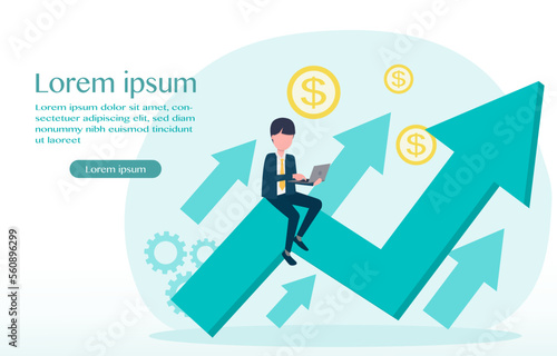 Business ideasBusinessman sitting on a computer with arrow up. Concept of starting a business. Vector illustration Eps 10.