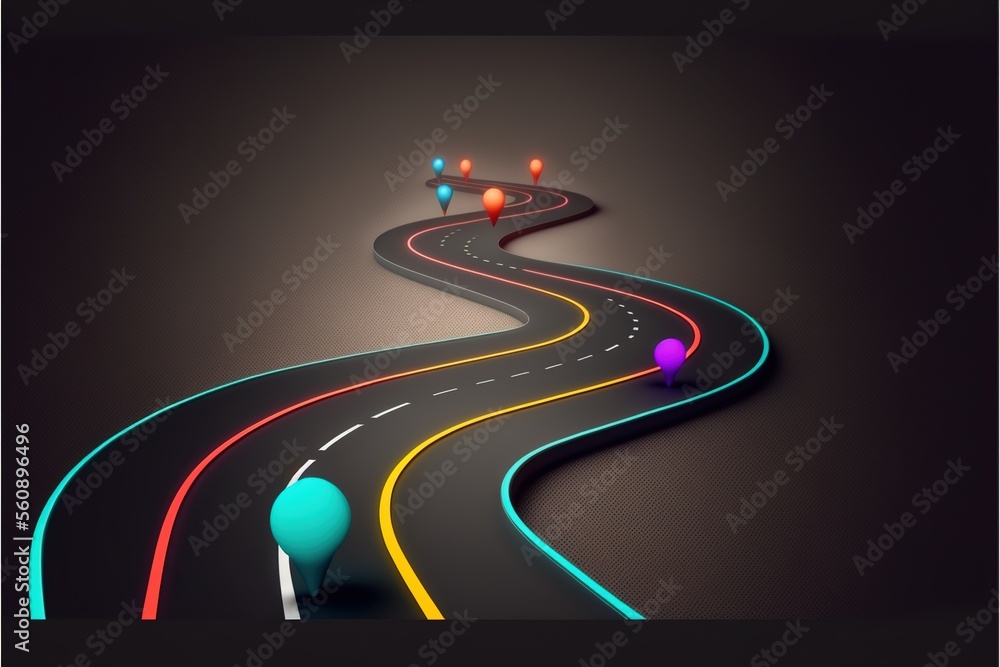 Roadmap design, neon glowing, forward movement, dark environment created with generative ai technology Roadmap design, neon glowing, forward movement, dark environment created with generative ai technology