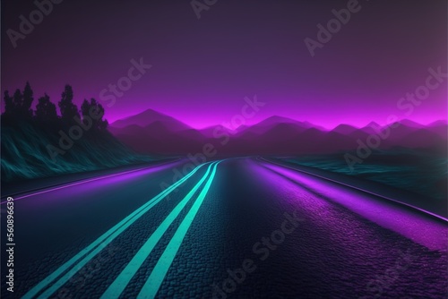 Roadmap design, neon glowing, forward movement, dark environment created with generative ai technology
