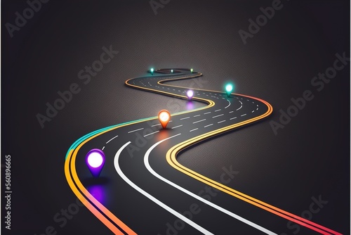 Roadmap design, neon glowing, forward movement, dark environment created with generative ai technology
