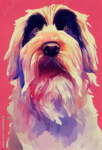 Funny adorable portrait headshot of cute doggy. Briard dog breed puppy, standing facing front. Looking to camera. Watercolor imitation illustration. AI generated vertical artistic poster.
