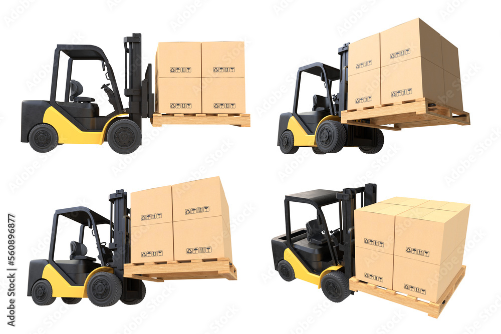 The forklift truck is lifting a pallet with cardboard boxes on ...