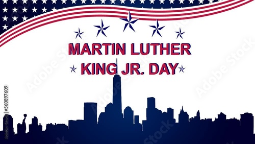 Happy Martin Luther King Day simple animation, with city and US flag on white background