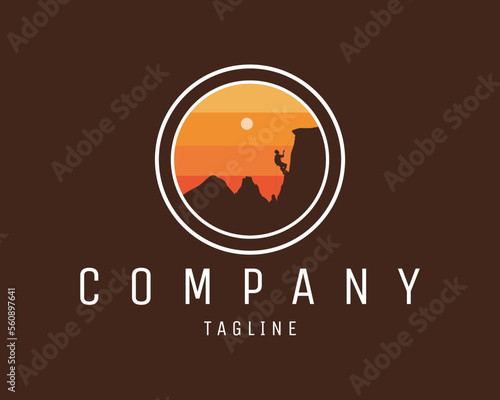 mountaineer using silhouette rope. come with an amazing sunset view. Best for industrial badges, emblems, icons, stickers, koas and adventure lovers. illustration vector available eps 10.