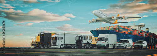Vászonkép Logistics import export of containers cargo freight ship, truck transport contai
