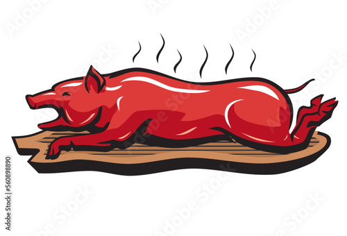 Roasted Pig on Tray, Lechon Prepared Food Illustration