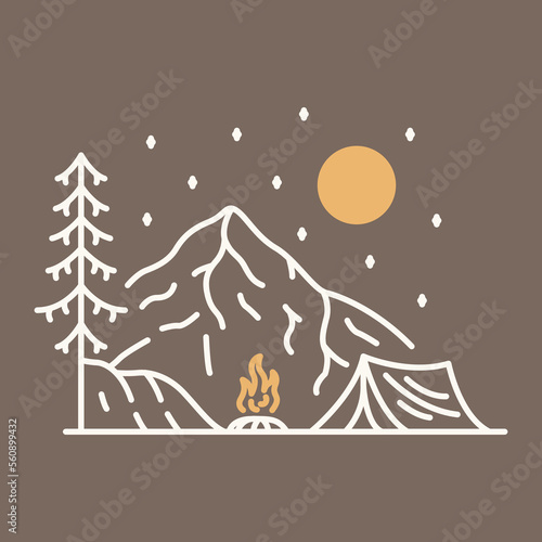 Happy Camper with Campfire Mountain Background Doodle Illustration