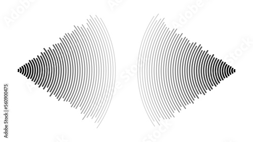 Sound wave echo. Radio or music audio signals. Epicentre or radar icons. Radial signal or vibration elements. Impulse curve lines. Concentric ripple semi circle. 