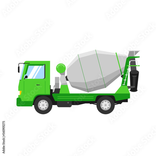 Concrete mixer medium truck side view isolated on white background. Construction vehicle flat vector
