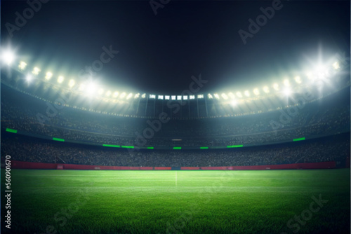 blured large football stadium with lights at night. Generative AI. © natara
