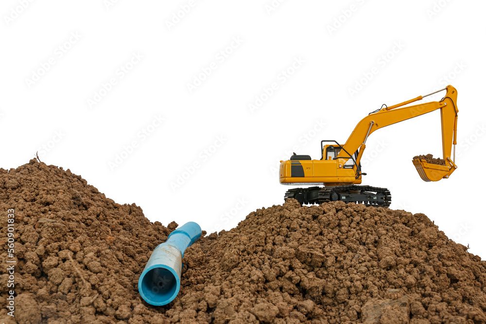 Crawler Excavator is digging in the construction site pipeline work on isolated white backgrounds. Crawler Excavator is digging in the construction site pipeline work on isolated white backgrounds.