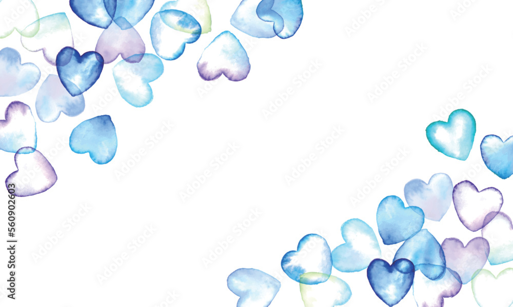 水彩画。水彩タッチのハート背景。青の水彩ハートの壁紙。バレンタインのシンプル背景フレーム。 Watercolor painting