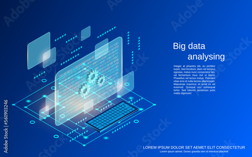 Big data analyzing, information computing flat 3d isometric vector concept illustration