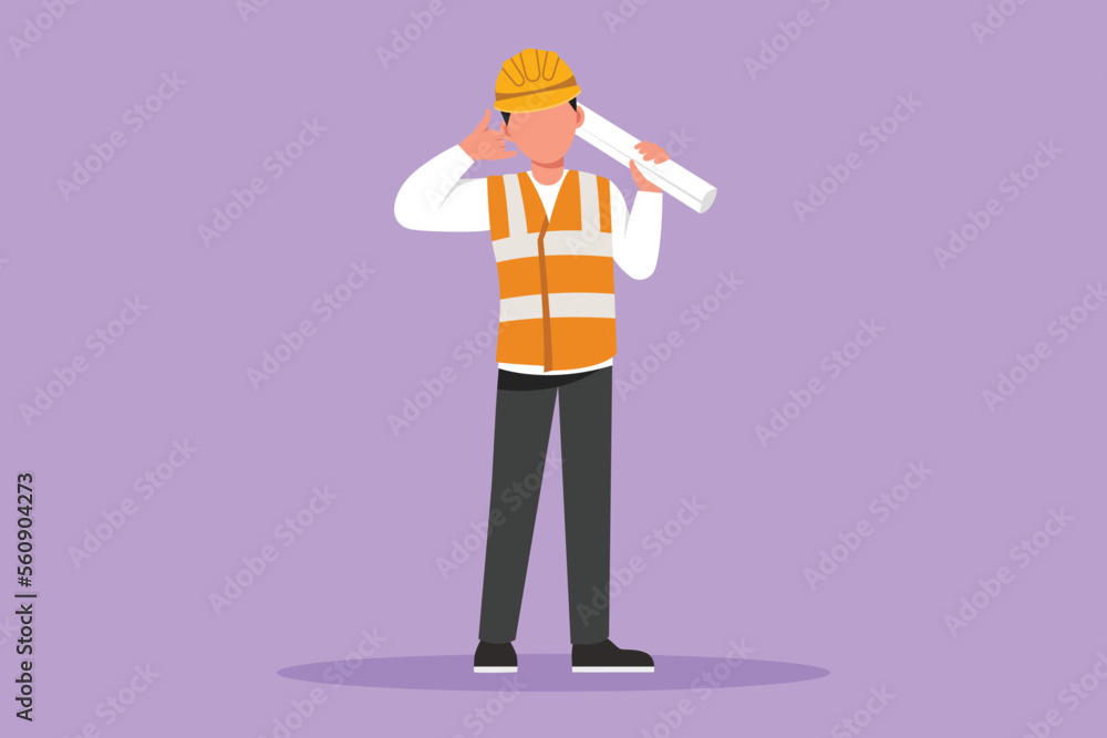 Character flat drawing smart male architect standing holding roll of paper work with call me gesture and wearing helmet carrying blueprint for building's work plan. Cartoon design vector illustration