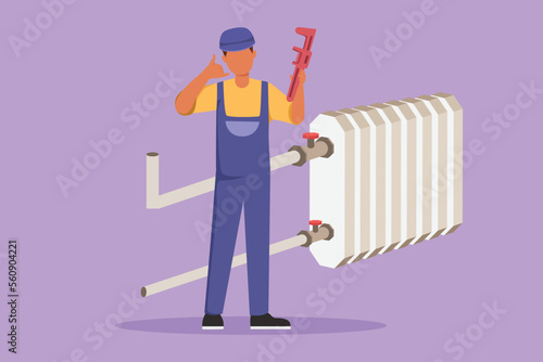 Graphic flat design drawing active male plumber stands with call me gesture and holding carpentry tool ready to work fixing broken plumbing at home. Success business. Cartoon style vector illustration