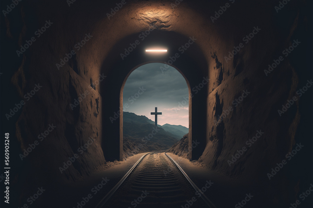 A dark tunnel with a cross in the distance, Generative AI