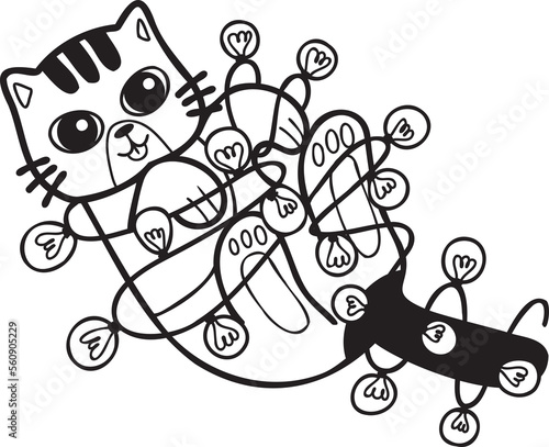 Hand Drawn striped cat playing with light bulb illustration in doodle style