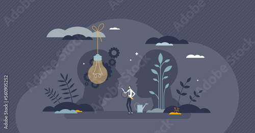 Potential development and possible personal growth tiny person concept. Progress and achievement opportunity from positive mindset, successful learning and skills performance vector illustration.