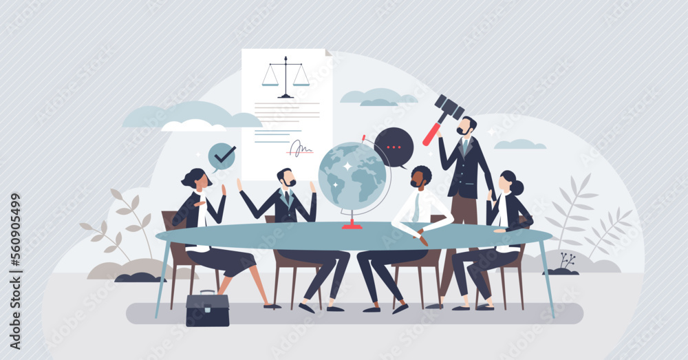 Governance and global legal document agreement talk tiny person concept. Justice and honesty in democratic discussion and negotiations vector illustration. Federal institution for law management. - obrazy, fototapety, plakaty 
