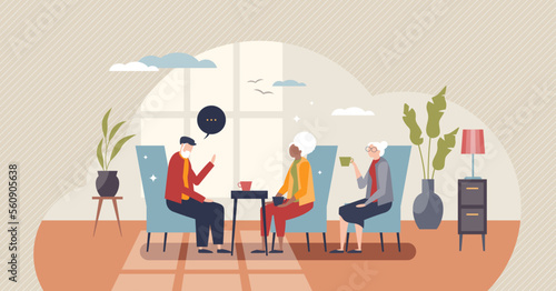 Retirement home or elderly seniors health and mental care tiny person concept. Recreation living and spending time together with other people vector illustration. Grandmother and grandfather talking.