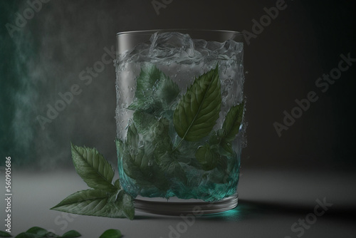A glass filled with ice and mint leaves, Generative AI