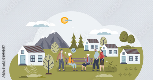 Retirement village and settlement for elderly pensioners tiny person concept. Houses for old people to spend time together and talk vector illustration. Home for retired grandmother and grandfather.