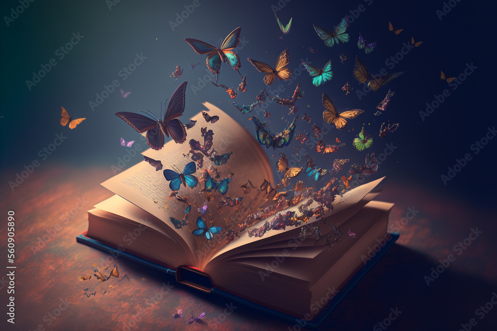 An open book with butterflies flying out of it, Generative AI - obrazy, fototapety, plakaty 