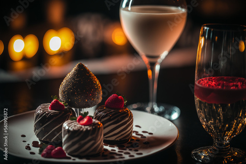 Dark and moody image of alcoholic drinks and chocolate in the low light setting. Perfect for the concept of romantic date night.