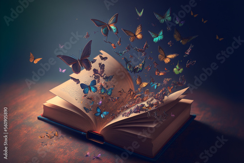 An open book with butterflies flying out of it, Generative AI photo