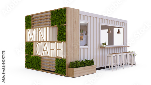 3D Render Illustration Custom Container Mini Cafe With Transparant Background and Mockup Sign Brand Logo to The Wooden Board