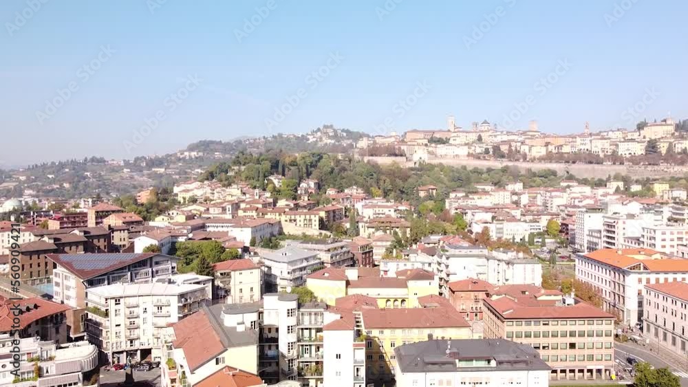Panoramic view of Bergamo city downtown, aerial drone view Panoramic view of Bergamo city downtown, aerial drone view