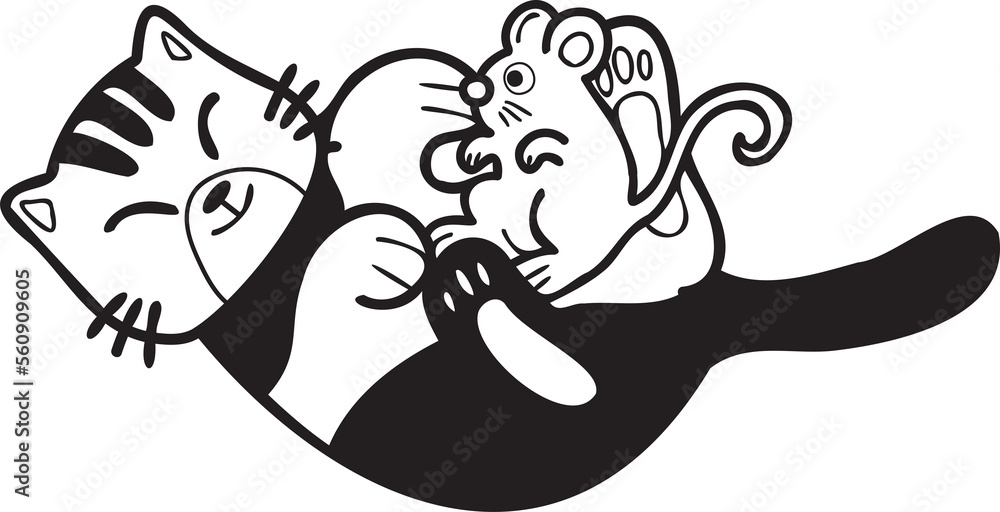 Hand Drawn striped cat and mouse illustration in doodle style Hand Drawn striped cat and mouse illustration in doodle style
