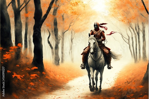 Tableau sur toile Samurai soldier on the horse in the forest