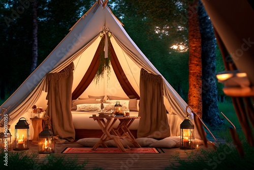 Rest place in forest, Lonely glamping tent with bonfire among green trees, Illuminated bell tent at night © gungayu