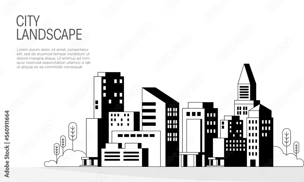 Black and white city landscape vector illustration. Suitable for design element of modern city background, architecture, tourism travel banner.