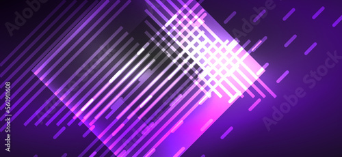 Background neon glowing lines and geometric shapes. Lights in the dark wallpaper for concept of AI technology, blockchain, digital, communication, 5G, science