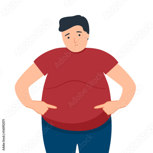 Fat man with big belly character in flat design on white background.
