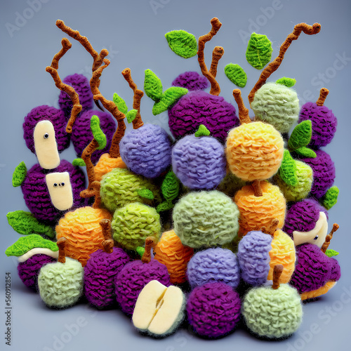 Generative AI. Colorful fruit and vegetable toys handcraft made of wool. Wolitization style on soft blue light background. 