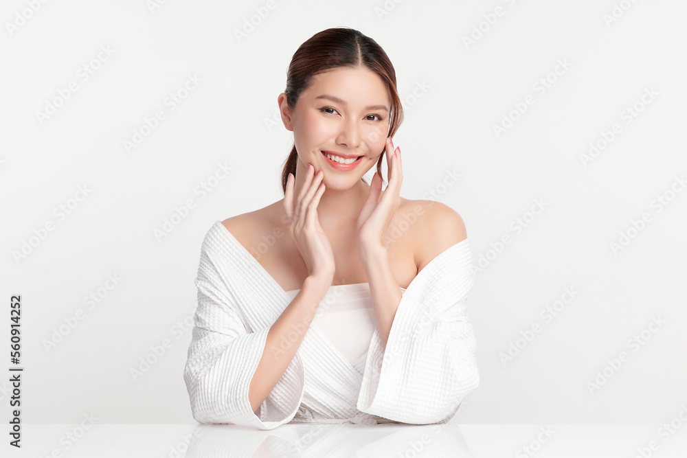 Beautiful young asian woman with clean fresh skin on white background, Face care, Facial treatment, Cosmetology, beauty and spa, Asian women portrait.