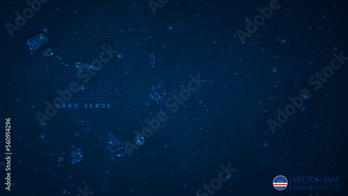 Map of Cape Verde modern design with polygonal shapes on dark blue background. Business wireframe mesh spheres from flying debris. Blue structure style vector illustration concept
