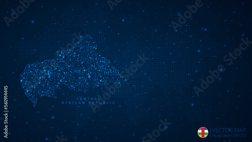Map of Central African Republic modern design with polygonal shapes on dark blue background. Business wireframe mesh spheres from flying debris. Blue structure style vector illustration concept