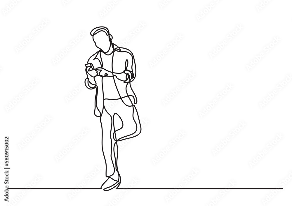 continuous line drawing man standing reading smart phone - PNG image with transparent background