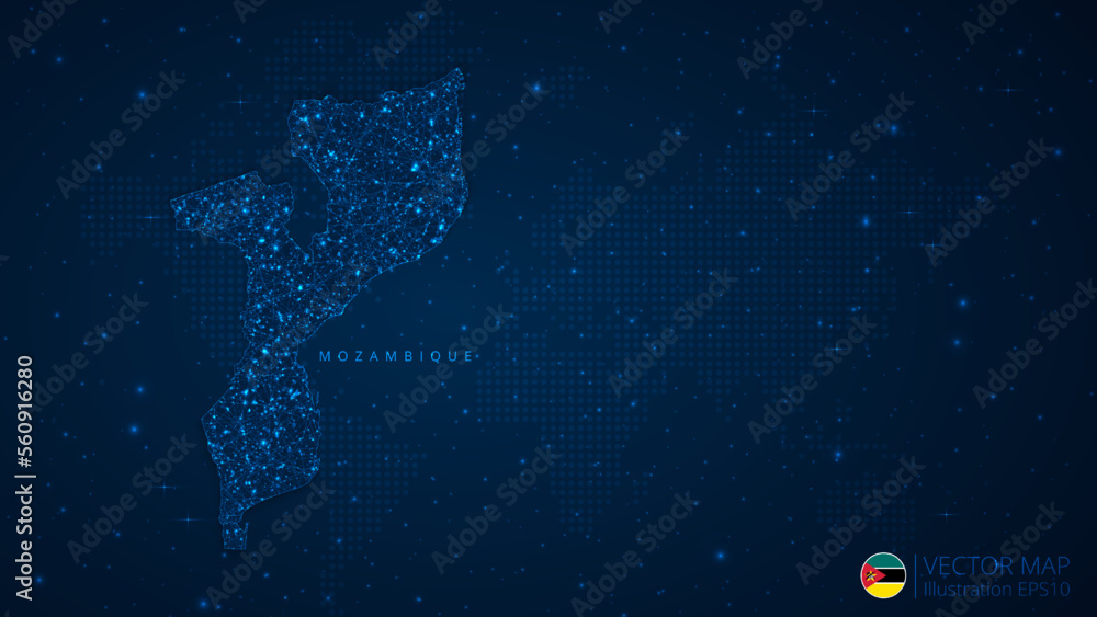 Map of Mozambique modern design with polygonal shapes on dark blue background. Business wireframe mesh spheres from flying debris. Blue structure style vector illustration concept