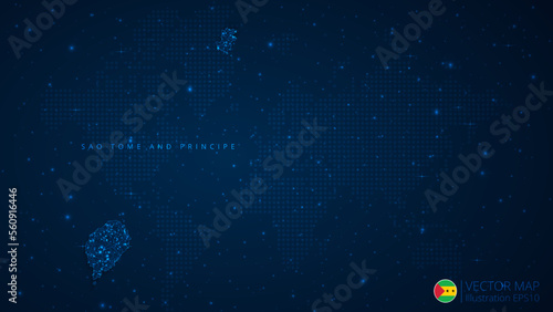 Fototapeta Naklejka Na Ścianę i Meble -  Map of Sao Tome and Principe modern design with polygonal shapes on dark blue background. Business wireframe mesh spheres from flying debris. Blue structure style vector illustration concept