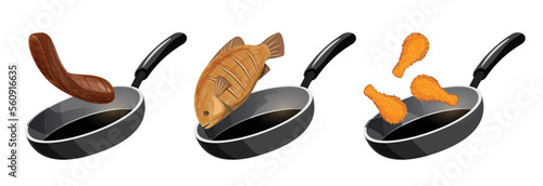 set of fried chicken , meat and fish in frying pan vector illustration
