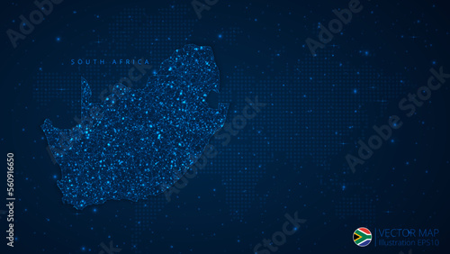 Map of South Africa modern design with polygonal shapes on dark blue background. Business wireframe mesh spheres from flying debris. Blue structure style vector illustration concept