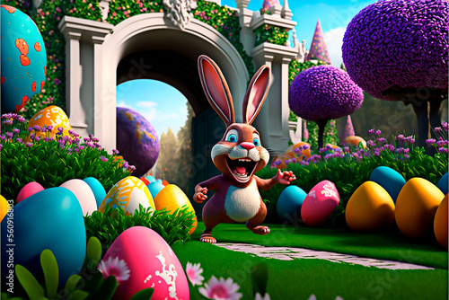 Happy easter bunny showing his castle with different easter eggs in 3D